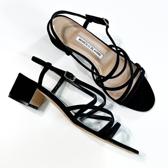 NWOB Manolo Blahnik Atrita Black Suede Strappy Block Heel Sandal Size EU 38.5 - Picture 1 of 6